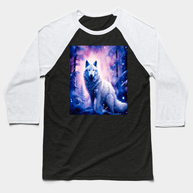 White Wolf in Fantasy Forest in Pinks and Purples|For Women and Girls Baseball T-Shirt by BirdsnStuff