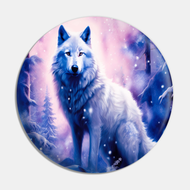 White Wolf in Fantasy Forest in Pinks and Purples|For Women and Girls Pin by BirdsnStuff