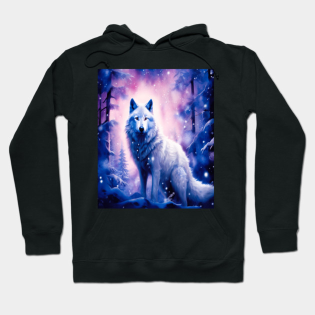 White Wolf in Fantasy Forest in Pinks and Purples|For Women and Girls Hoodie by BirdsnStuff