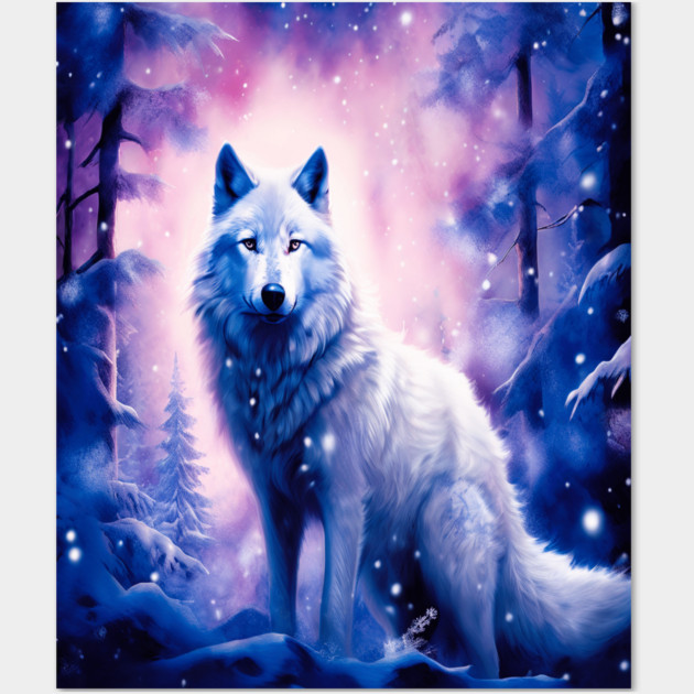 White Wolf in Fantasy Forest in Pinks and Purples|For Women and Girls Wall Art by BirdsnStuff