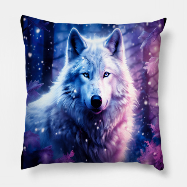 White Wolf in Fantasy Forest in Pinks and Purples|For Women and Girls Pillow by BirdsnStuff