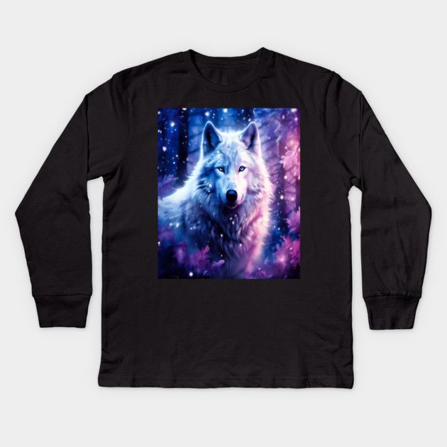 White Wolf in Fantasy Forest in Pinks and Purples|For Women and Girls Kids Long Sleeve T-Shirt by BirdsnStuff