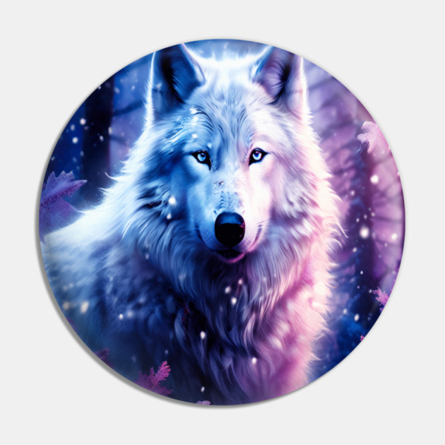 White Wolf in Fantasy Forest in Pinks and Purples|For Women and Girls Pin by BirdsnStuff