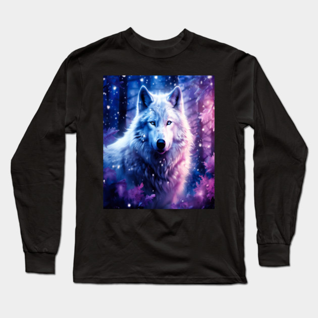 White Wolf in Fantasy Forest in Pinks and Purples|For Women and Girls Long Sleeve T-Shirt by BirdsnStuff