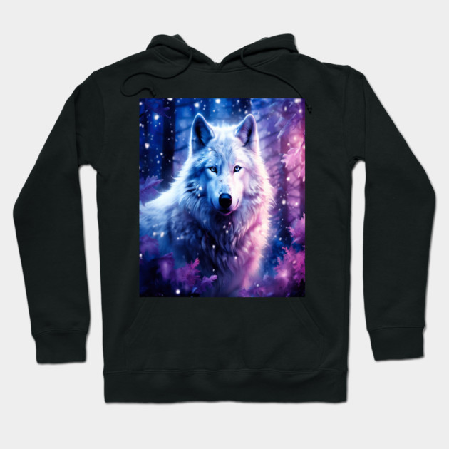 White Wolf in Fantasy Forest in Pinks and Purples|For Women and Girls Hoodie by BirdsnStuff
