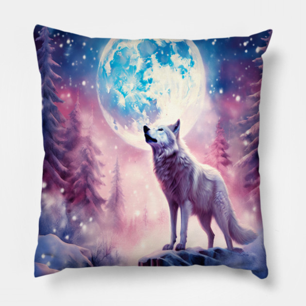 White Wolf in Fantasy Forest in Pinks and Purples|For Women and Girls Pillow by BirdsnStuff