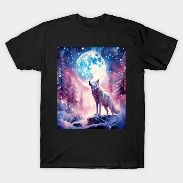 White Wolf in Fantasy Forest in Pinks and Purples|For Women and Girls T-Shirt by BirdsnStuff