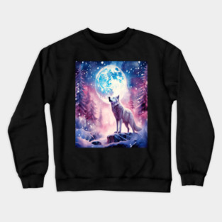 White Wolf in Fantasy Forest in Pinks and Purples|For Women and Girls Crewneck Sweatshirt