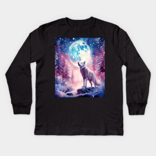 White Wolf in Fantasy Forest in Pinks and Purples|For Women and Girls Kids Long Sleeve T-Shirt