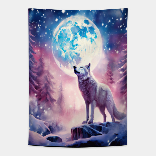 White Wolf in Fantasy Forest in Pinks and Purples|For Women and Girls Tapestry by BirdsnStuff