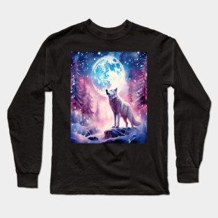 White Wolf in Fantasy Forest in Pinks and Purples|For Women and Girls Long Sleeve T-Shirt