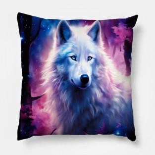 White Wolf in Fantasy Forest in Pinks and Purples|For Women and Girls Pillow