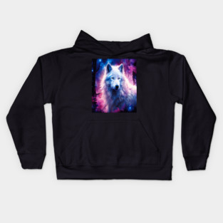 White Wolf in Fantasy Forest in Pinks and Purples|For Women and Girls Kids Hoodie