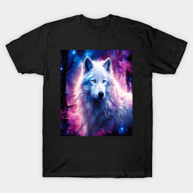 White Wolf in Fantasy Forest in Pinks and Purples|For Women and Girls T-Shirt by BirdsnStuff