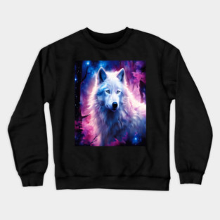 White Wolf in Fantasy Forest in Pinks and Purples|For Women and Girls Crewneck Sweatshirt