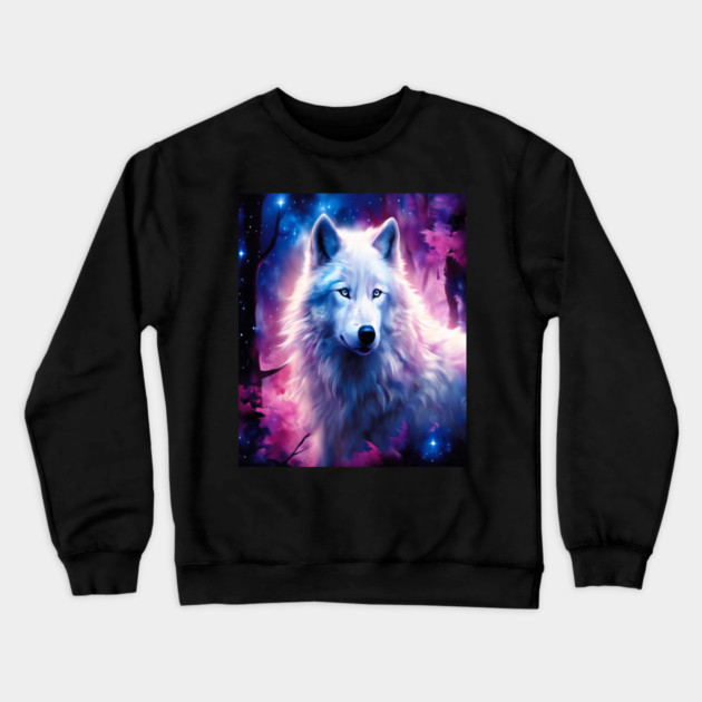 White Wolf in Fantasy Forest in Pinks and Purples|For Women and Girls Crewneck Sweatshirt by BirdsnStuff