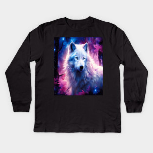 White Wolf in Fantasy Forest in Pinks and Purples|For Women and Girls Kids Long Sleeve T-Shirt