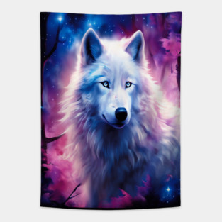 White Wolf in Fantasy Forest in Pinks and Purples|For Women and Girls Tapestry