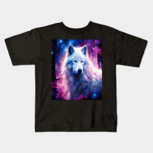 White Wolf in Fantasy Forest in Pinks and Purples|For Women and Girls Kids T-Shirt