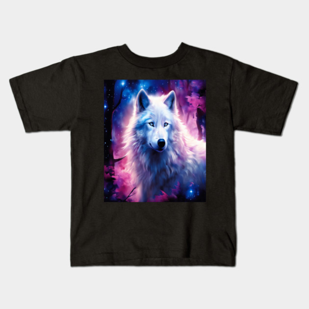 White Wolf in Fantasy Forest in Pinks and Purples|For Women and Girls Kids T-Shirt by BirdsnStuff