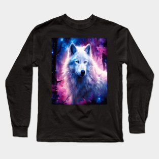 White Wolf in Fantasy Forest in Pinks and Purples|For Women and Girls Long Sleeve T-Shirt