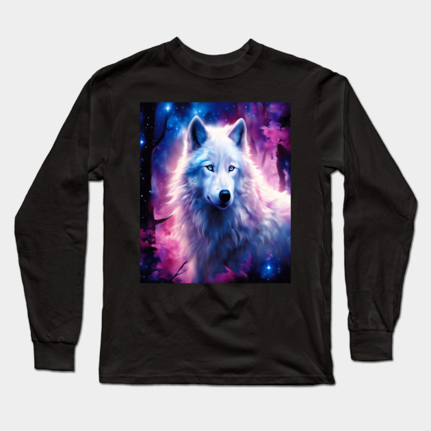 White Wolf in Fantasy Forest in Pinks and Purples|For Women and Girls Long Sleeve T-Shirt by BirdsnStuff