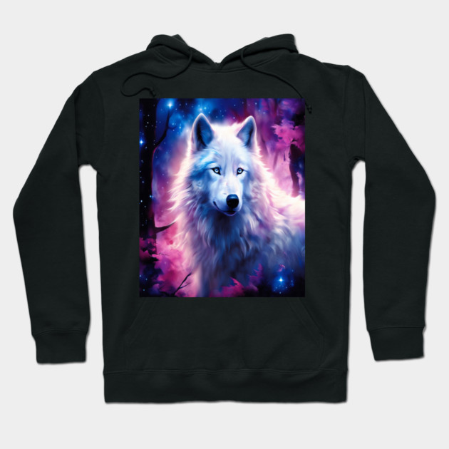White Wolf in Fantasy Forest in Pinks and Purples|For Women and Girls Hoodie by BirdsnStuff