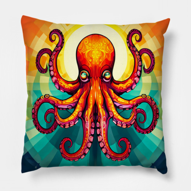 Octopus Vibrant Geometric Deco Style Pillow by BirdsnStuff
