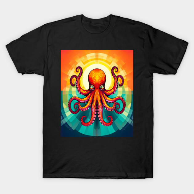 Octopus Vibrant Geometric Deco Style T-Shirt by BirdsnStuff