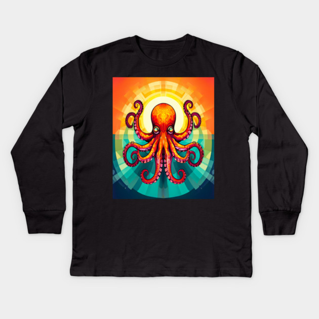 Octopus Vibrant Geometric Deco Style Kids Long Sleeve T-Shirt by BirdsnStuff