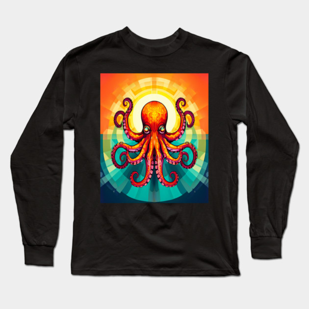 Octopus Vibrant Geometric Deco Style Long Sleeve T-Shirt by BirdsnStuff