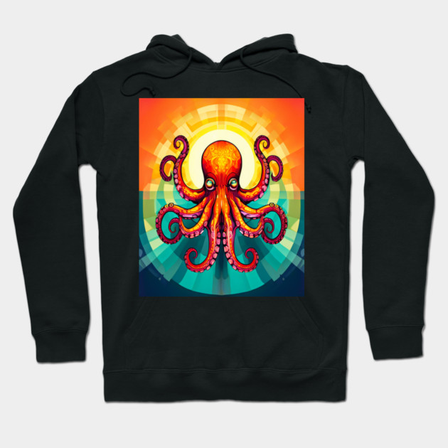 Octopus Vibrant Geometric Deco Style Hoodie by BirdsnStuff