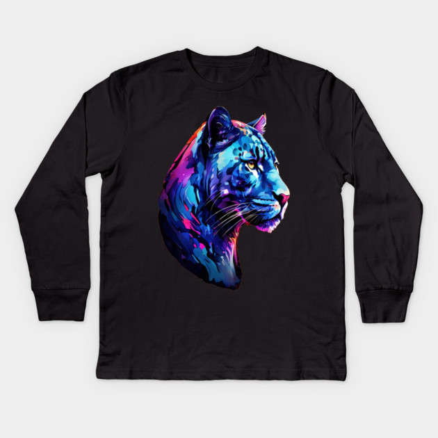 Panther Cat in Watercolor Style Art Kids Long Sleeve T-Shirt by BirdsnStuff