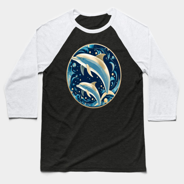 Dolphins in Art Deco Style Baseball T-Shirt by BirdsnStuff