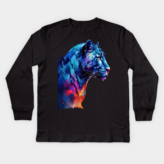 Panther Cat in Watercolor Style Art Kids Long Sleeve T-Shirt by BirdsnStuff