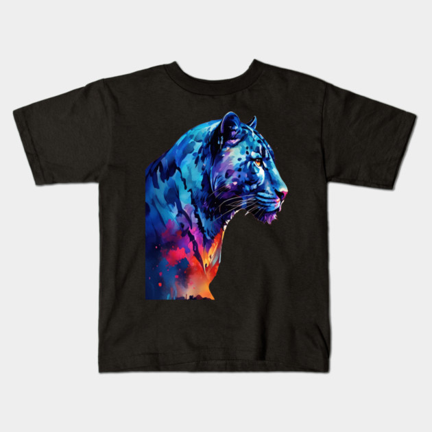 Panther Cat in Watercolor Style Art Kids T-Shirt by BirdsnStuff