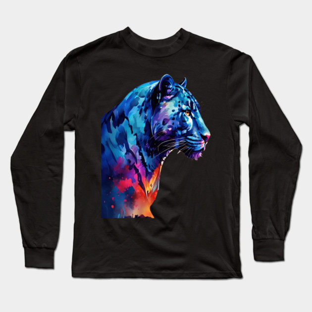 Panther Cat in Watercolor Style Art Long Sleeve T-Shirt by BirdsnStuff