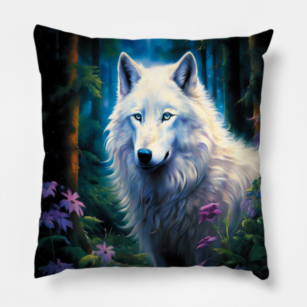 White Wolf Purple Flowers Pillow by BirdsnStuff