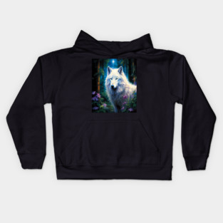 White Wolf Purple Flowers Kids Hoodie