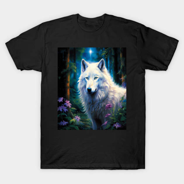 White Wolf Purple Flowers T-Shirt by BirdsnStuff
