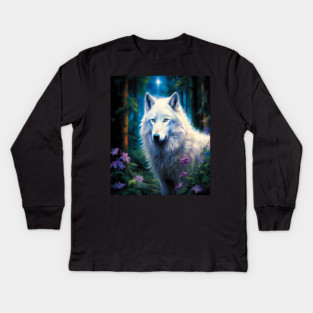 White Wolf Purple Flowers Kids Long Sleeve T-Shirt