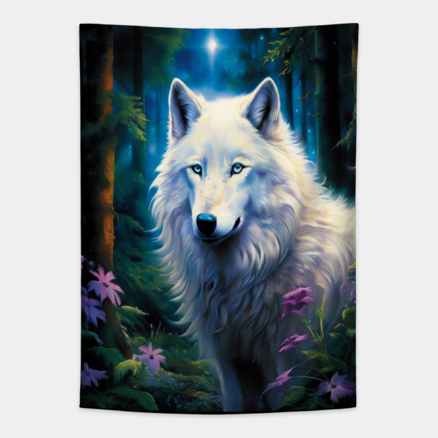White Wolf Purple Flowers Tapestry by BirdsnStuff