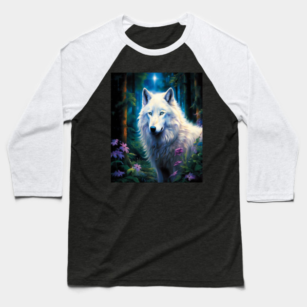White Wolf Purple Flowers Baseball T-Shirt by BirdsnStuff