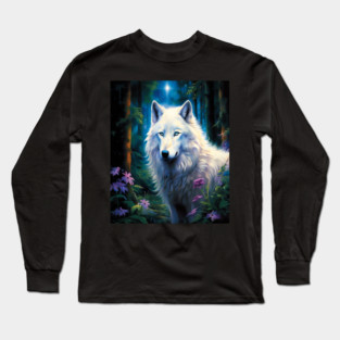 White Wolf Purple Flowers Long Sleeve T-Shirt