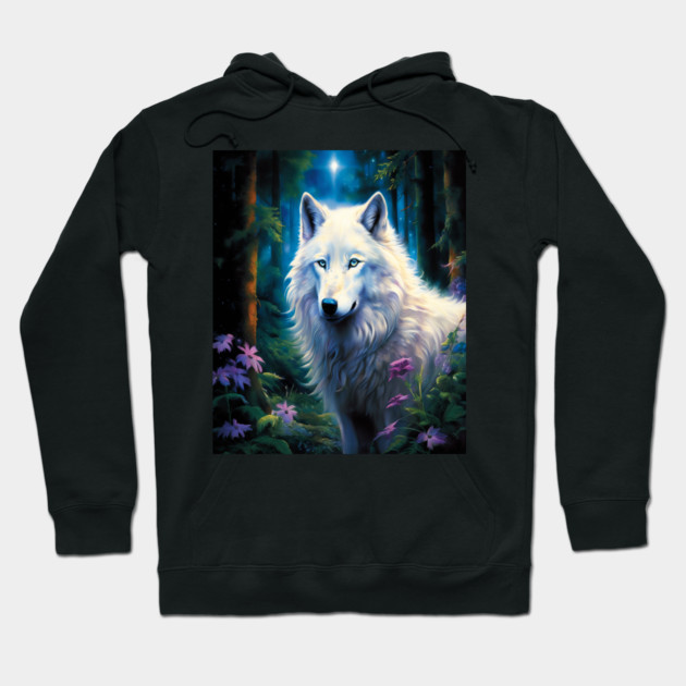 White Wolf Purple Flowers Hoodie by BirdsnStuff