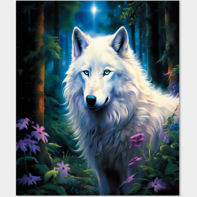 White Wolf Purple Flowers Wall Art by BirdsnStuff