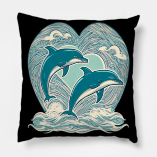 Blue Dolphins in Heart Shape Pillow