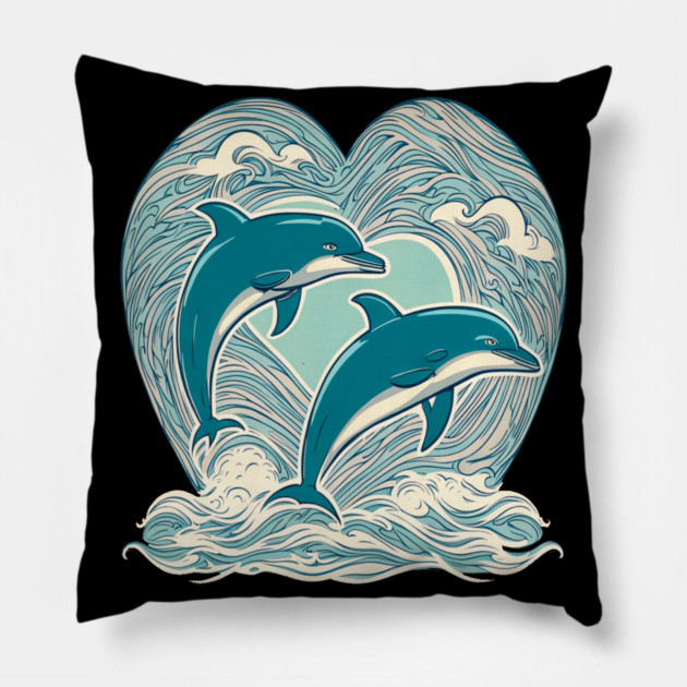 Blue Dolphins in Heart Shape Pillow by BirdsnStuff