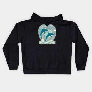 Blue Dolphins in Heart Shape Kids Hoodie