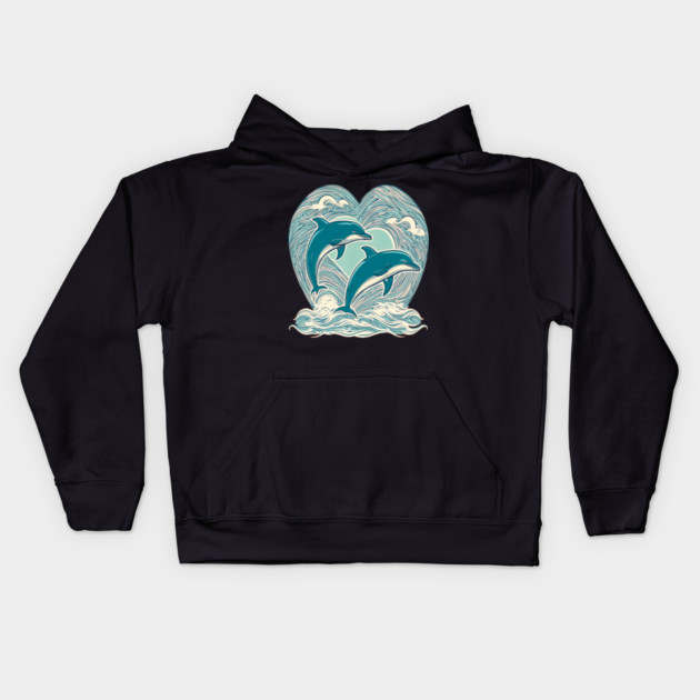 Blue Dolphins in Heart Shape Kids Hoodie by BirdsnStuff